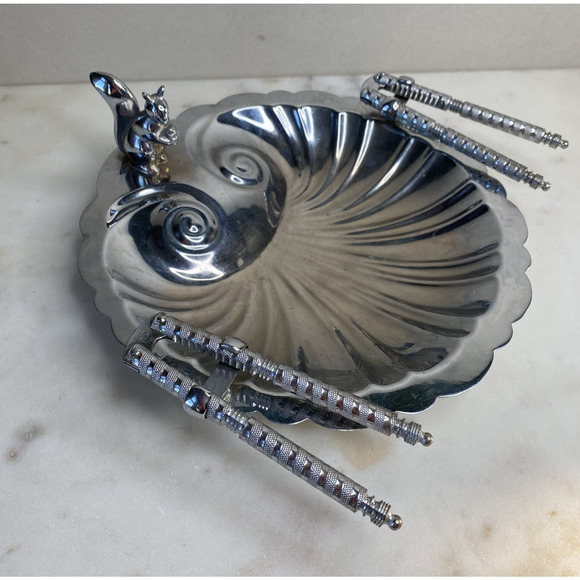 Squirrel Nutcracker Plate Set Vintage Chrome Plated Silver Shell Display Dish - Picture 1 of 14